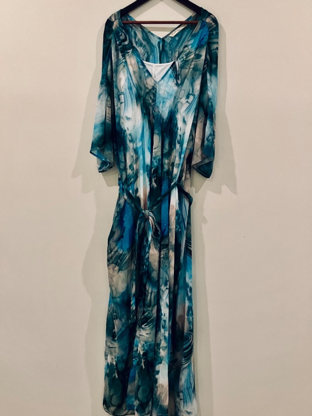 Wayward Fancies Green Blue Swirl Maxi Caftan Dress Slip & Pockets M